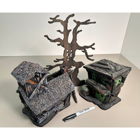 Creepy Halloween Houses + Haunted Tree Cutout - Handcrafted VTG Fall Party Decor - Picture 5 of 7